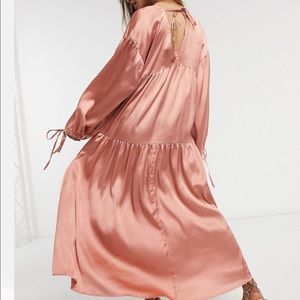 Satin Tiered Trapeze MIDI Smock Dress